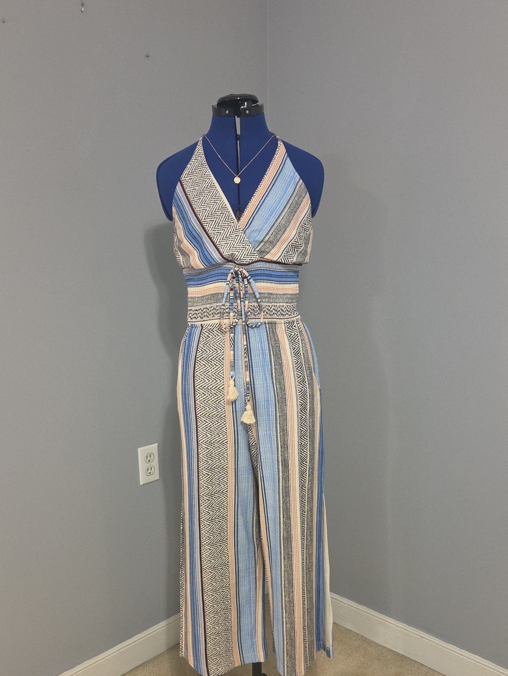 VENUS Striped Halter Wide-Leg Jumpsuit in Blue and Cream